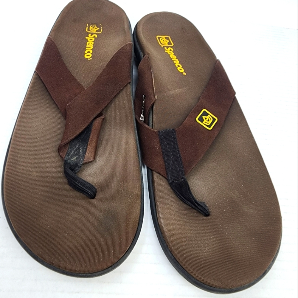 Spenco‎ Mens Leather Flip Flops Brown Suede Arch Support Beach Shoes Mens 11